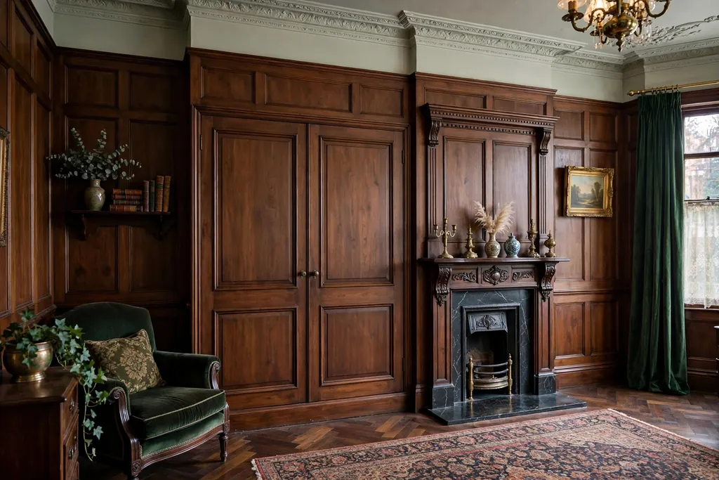 Panelled cabinet doors matching wall panelling hiding a television in a Victorian living room.