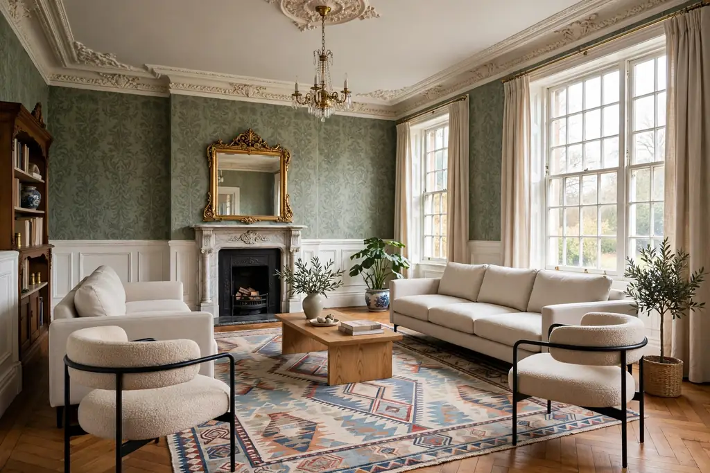 Patterned rug under plain modern sofas and chairs in a Victorian living room.