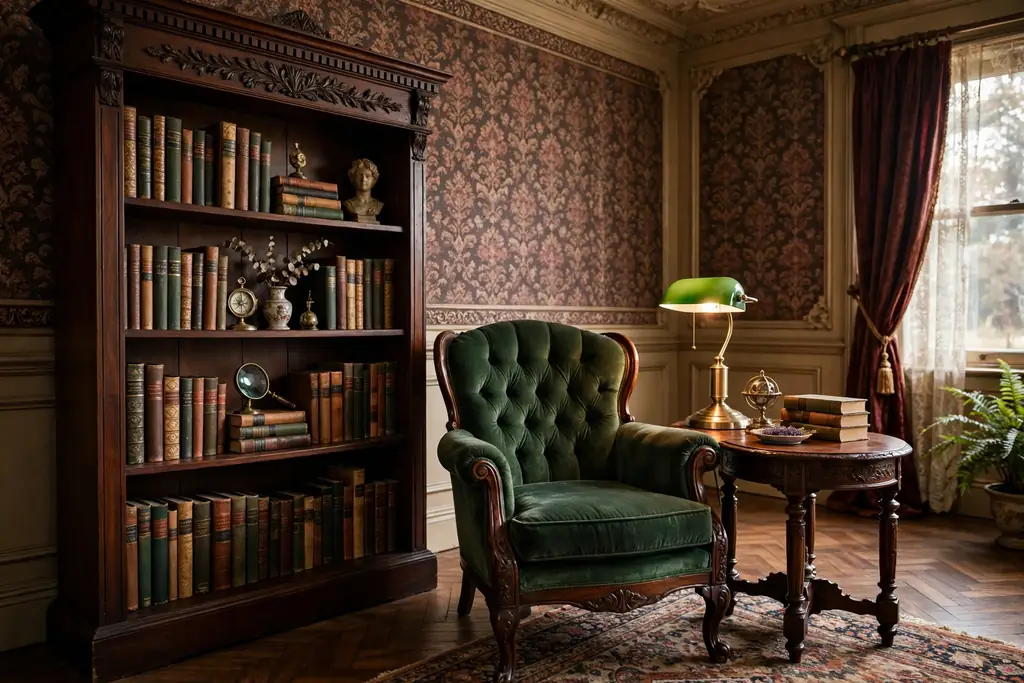 Reading corner with a lounge chair, a small side table, and a task lamp beside a bookcase.