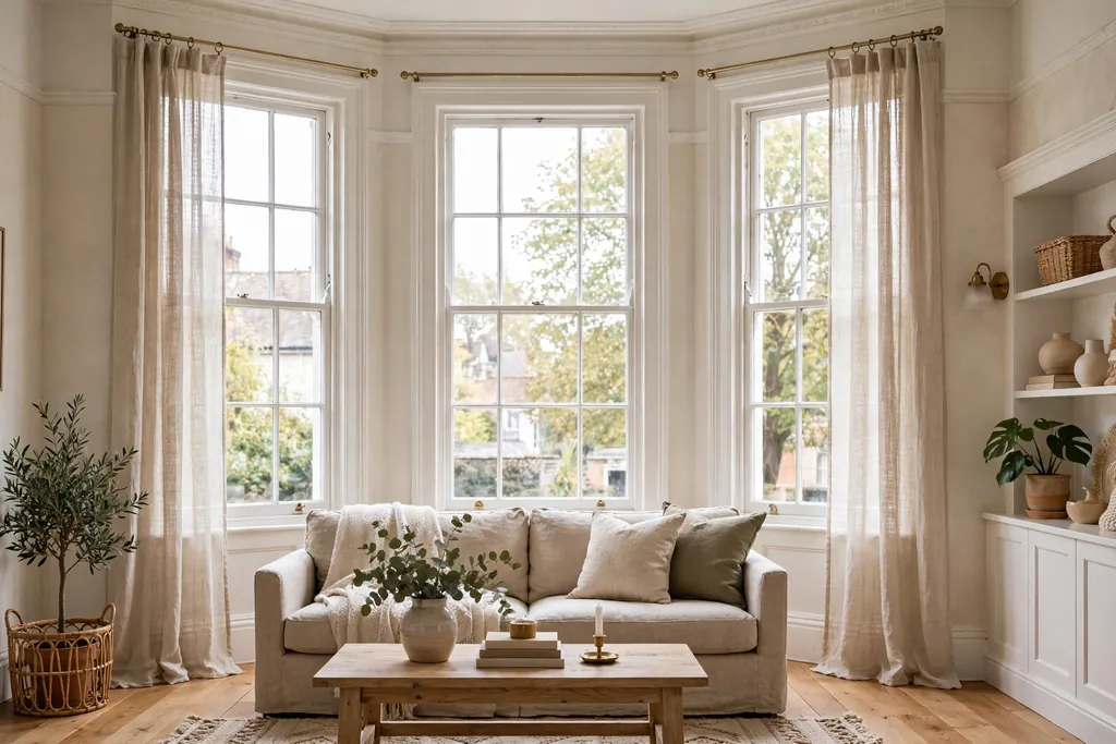 Tall Victorian sash windows dressed with sheer linen panels in a bright living room.