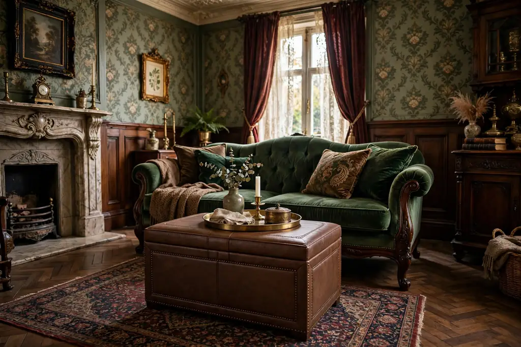 Storage ottoman with a firm lid and a tray in front of a sofa in a Victorian living room.