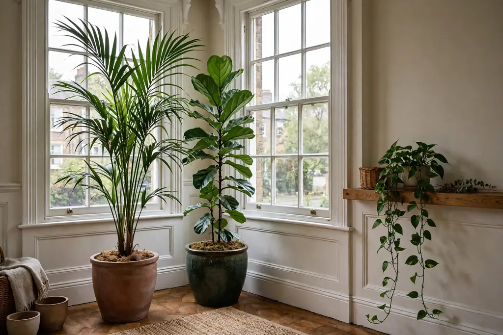 Tall plants in large pots beside Victorian sash windows, with a trailing plant on a shelf.