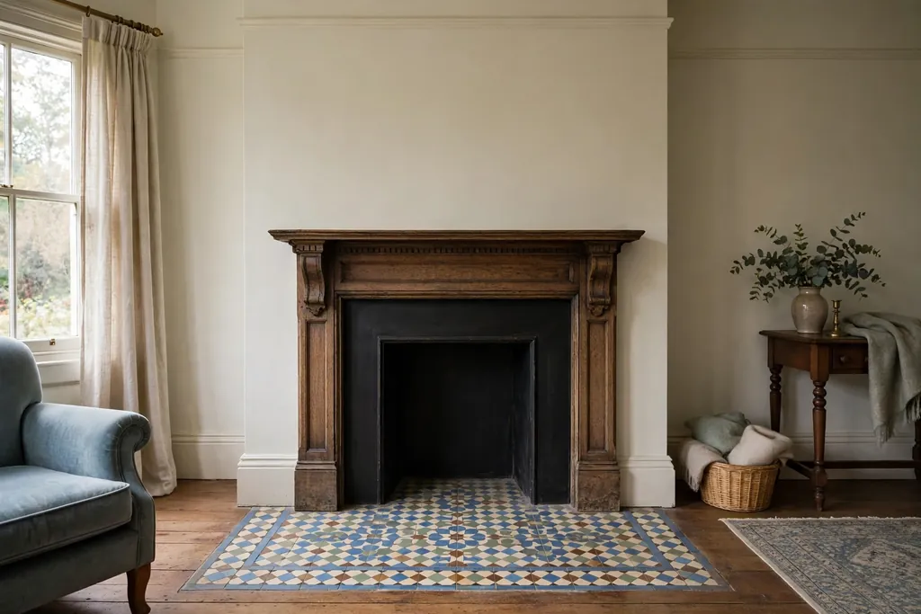 Original tiled fireplace hearth with a pattern in a calm Victorian living room with plain walls.