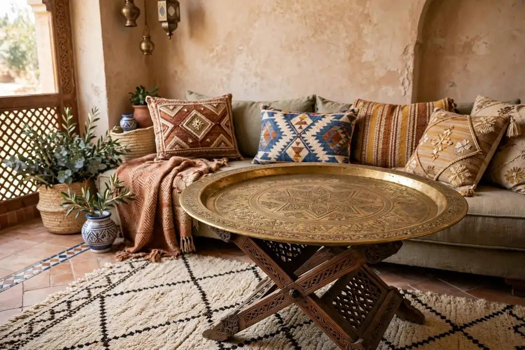 Engraved brass tray table on carved wooden base in a Moroccan living room
