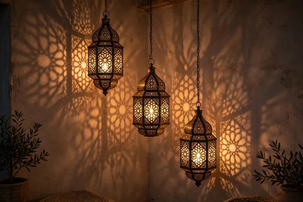 Cluster of pierced metal Moroccan lanterns glowing at different heights