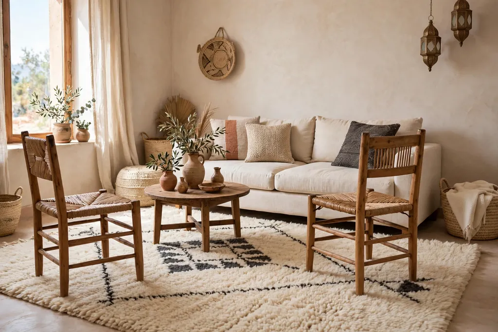 Cream Beni Ourain style wool rug with dark geometric pattern in a living room