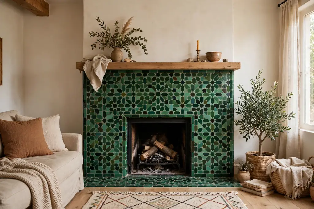 Fireplace surround in deep green zellige tiles with wooden mantel