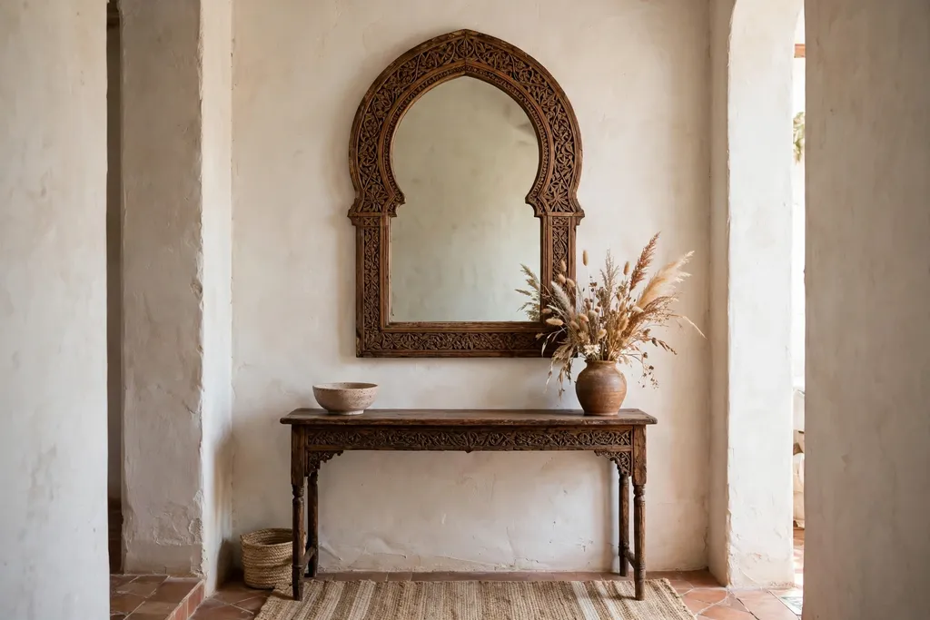 Moorish arch mirror above a console table in a Moroccan entry