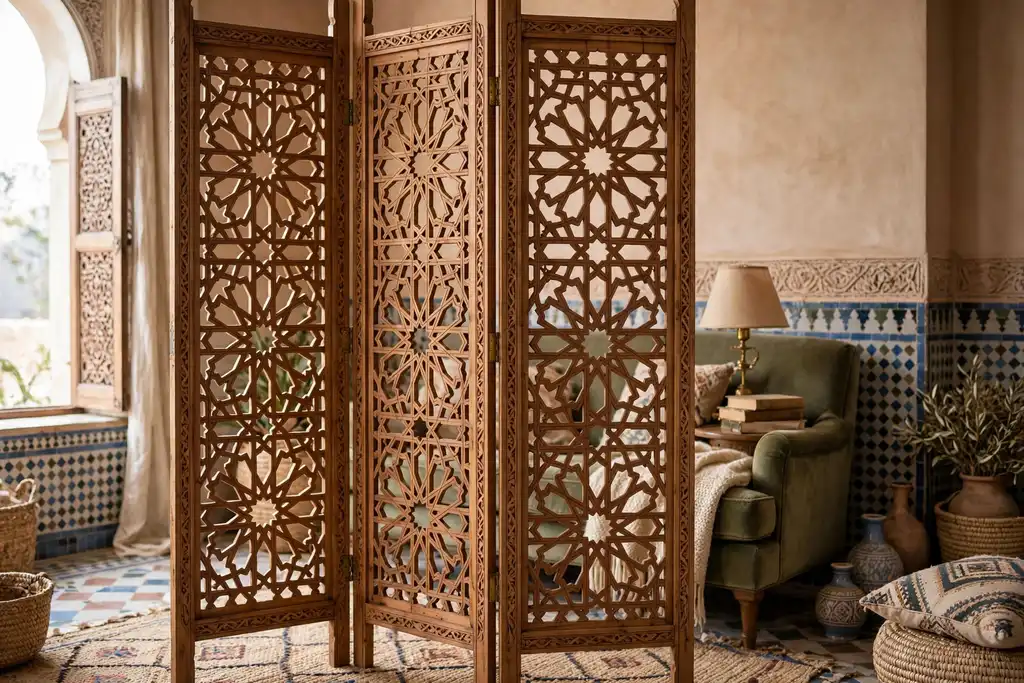 Carved cedar folding screen dividing a Moroccan living room nook