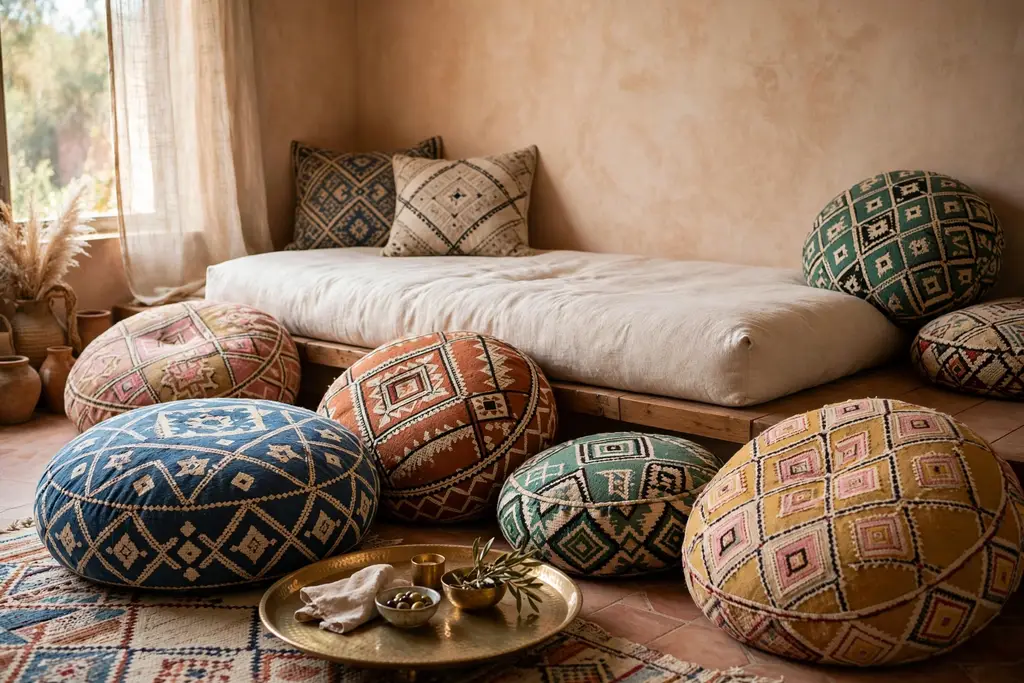 Low lounge with floor cushions in mixed Moroccan patterns