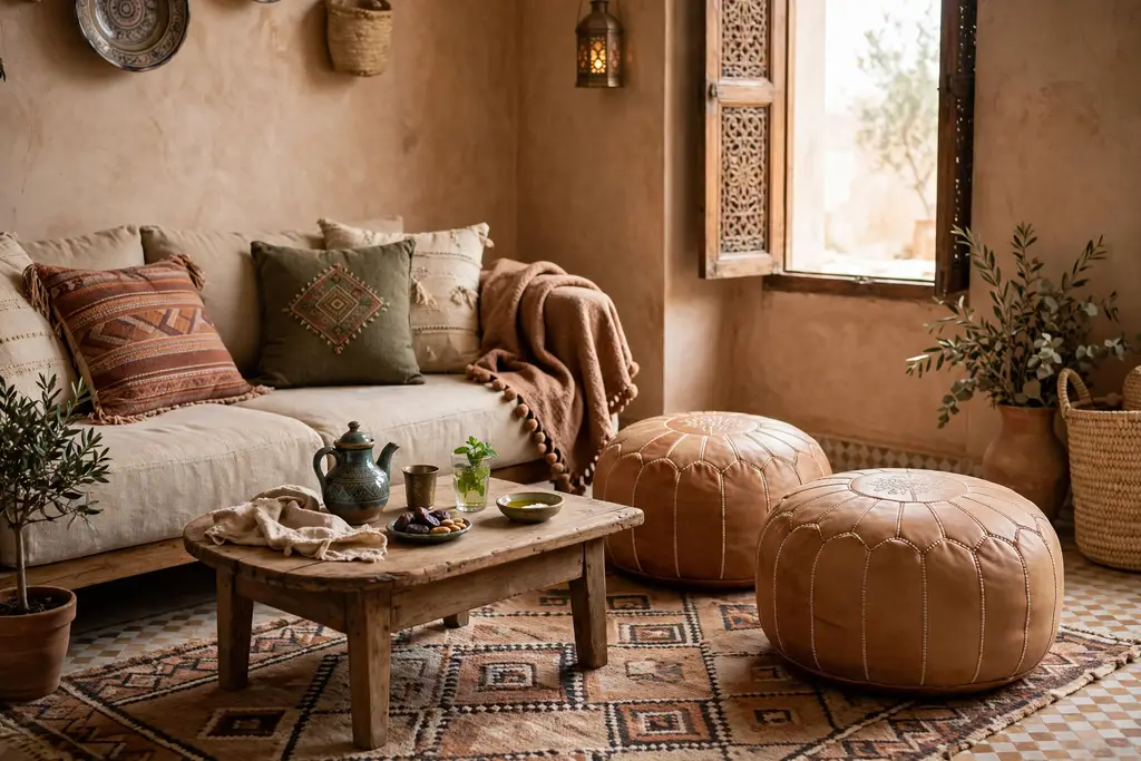 Round leather poufs as extra seats in a Moroccan living room