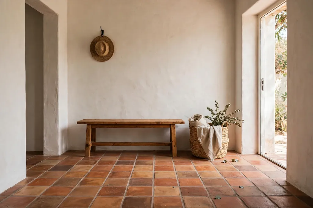 Terracotta tile entry floor with wooden bench and plaster walls