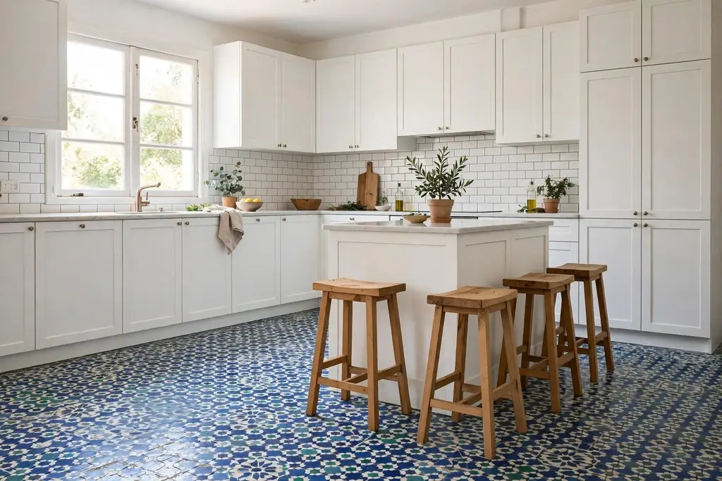Patterned cement tile kitchen floor with plain white cabinets