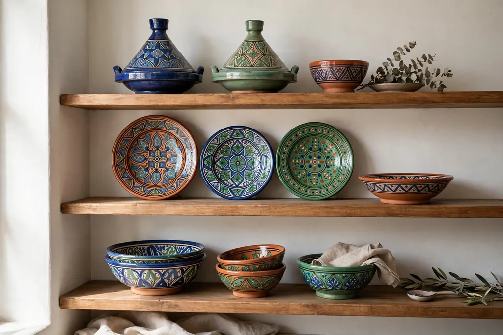 Open shelves with hand painted Moroccan ceramics in a kitchen