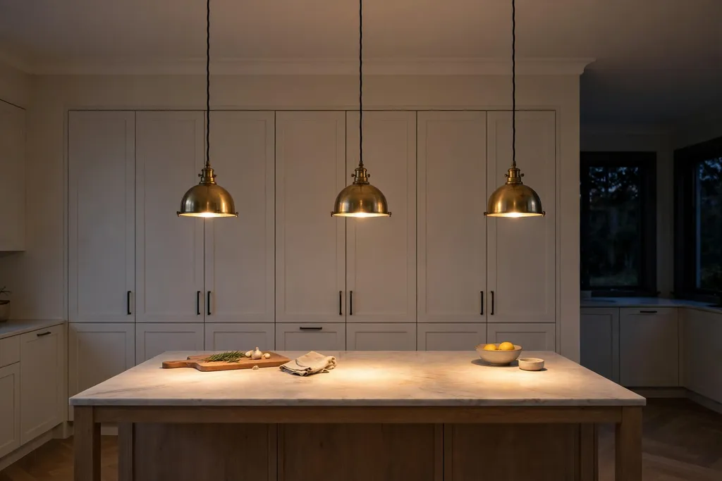Brass pendant lights over a kitchen island in warm light