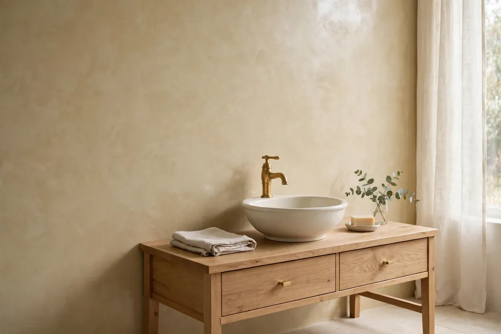 Bathroom wall in smooth sand toned tadelakt plaster