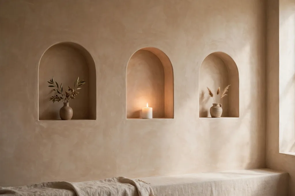 Horseshoe arch wall niches displaying a vase and candle