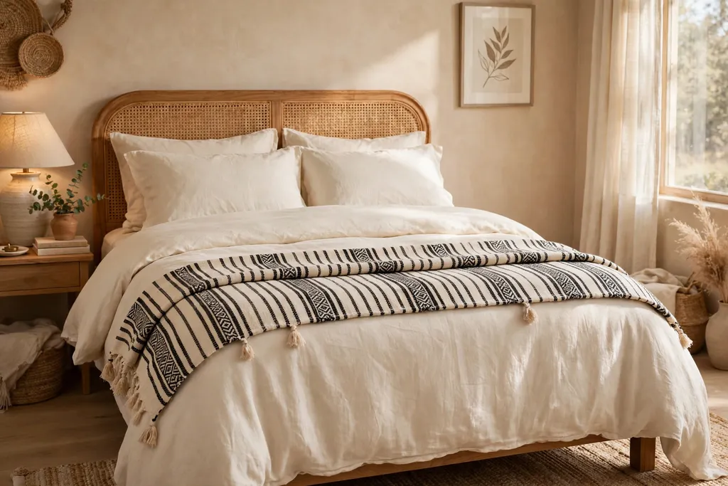 Striped Berber throw blanket across the foot of a bed