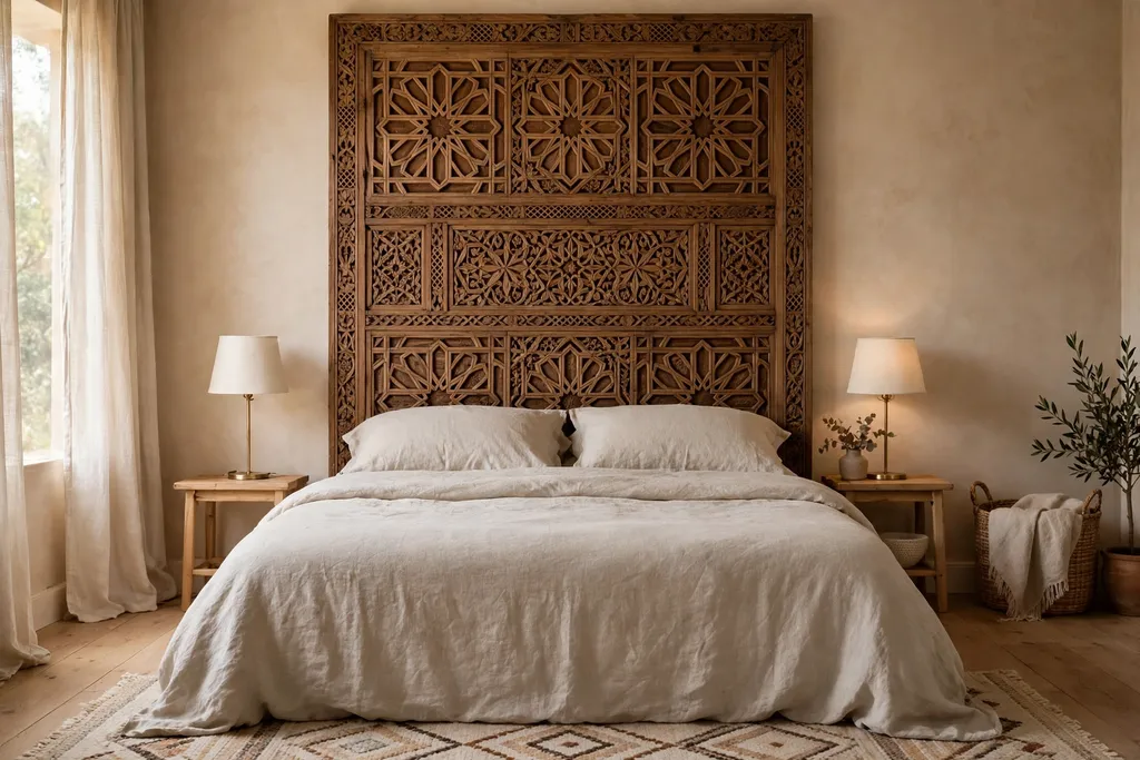 Carved wooden headboard behind a bed with plain linen bedding
