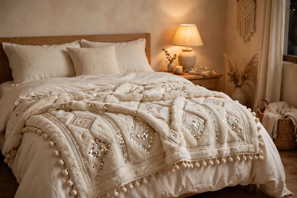 Cream Moroccan wedding blanket with sequins over a plain duvet