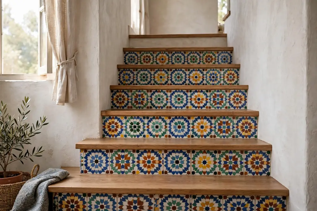 Stair risers in Moroccan tile pattern with plain wooden treads