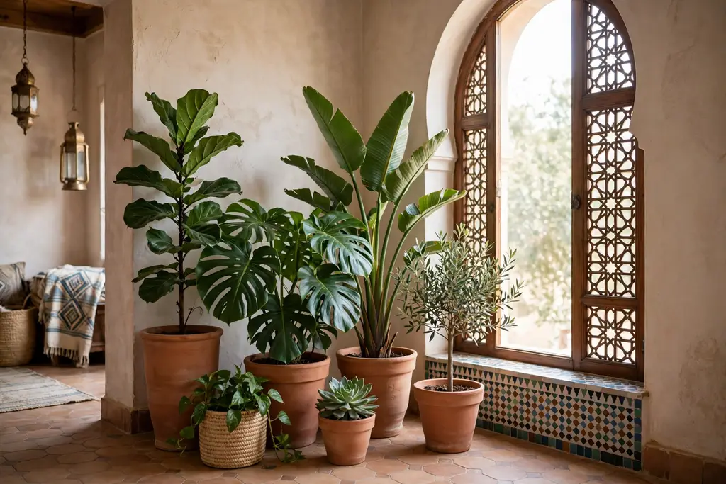 Large plants in terracotta pots near a bright window