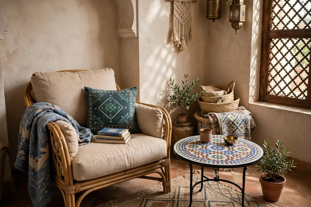 Round mosaic tile side table beside a reading chair