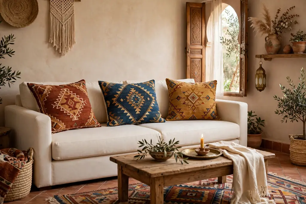 Plain sofa with mixed kilim cushions in rust indigo and ochre