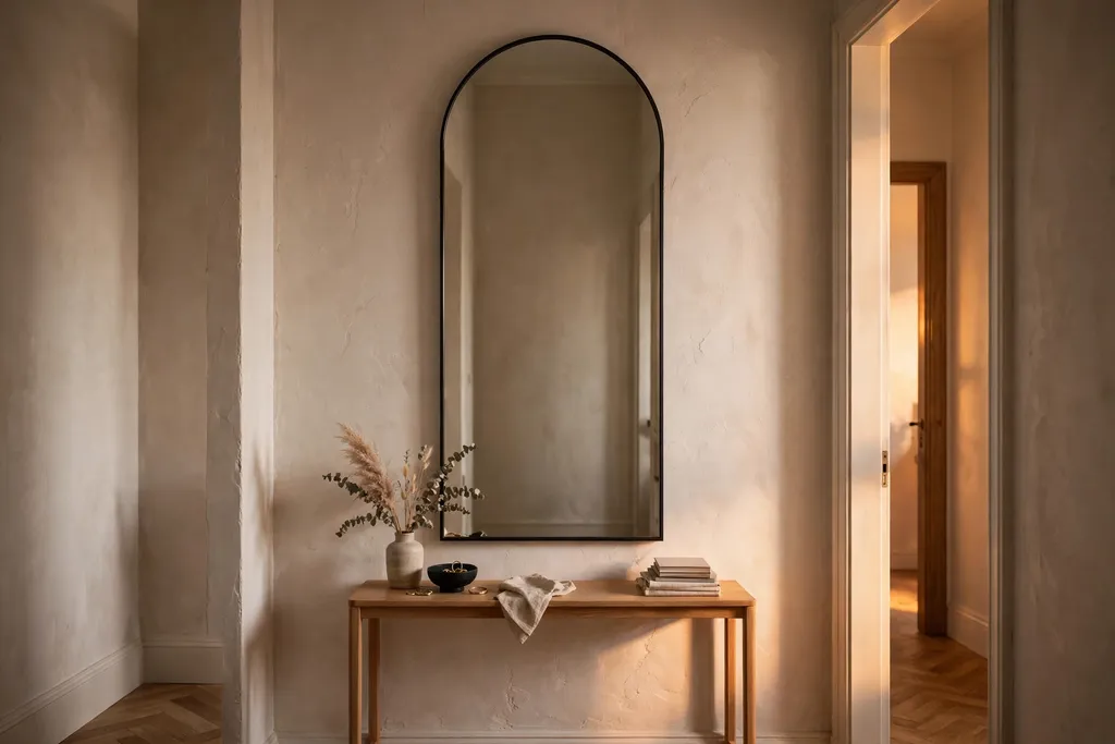 Tall arched mirror in a hallway above a narrow console
