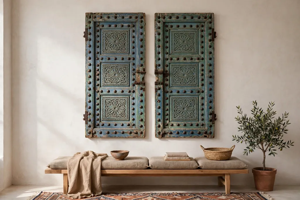 Old painted Moroccan doors hung as wall art in a living room