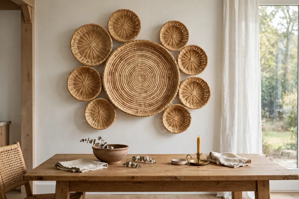 Cluster of woven baskets displayed on a dining room wall