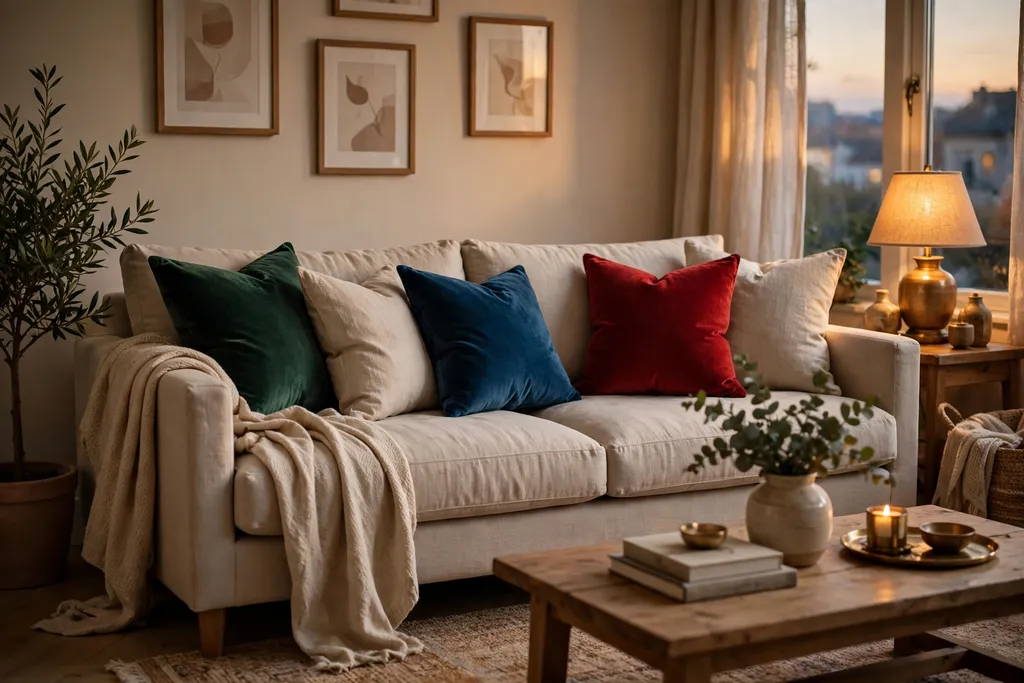 Neutral sofa with jewel tone velvet cushions