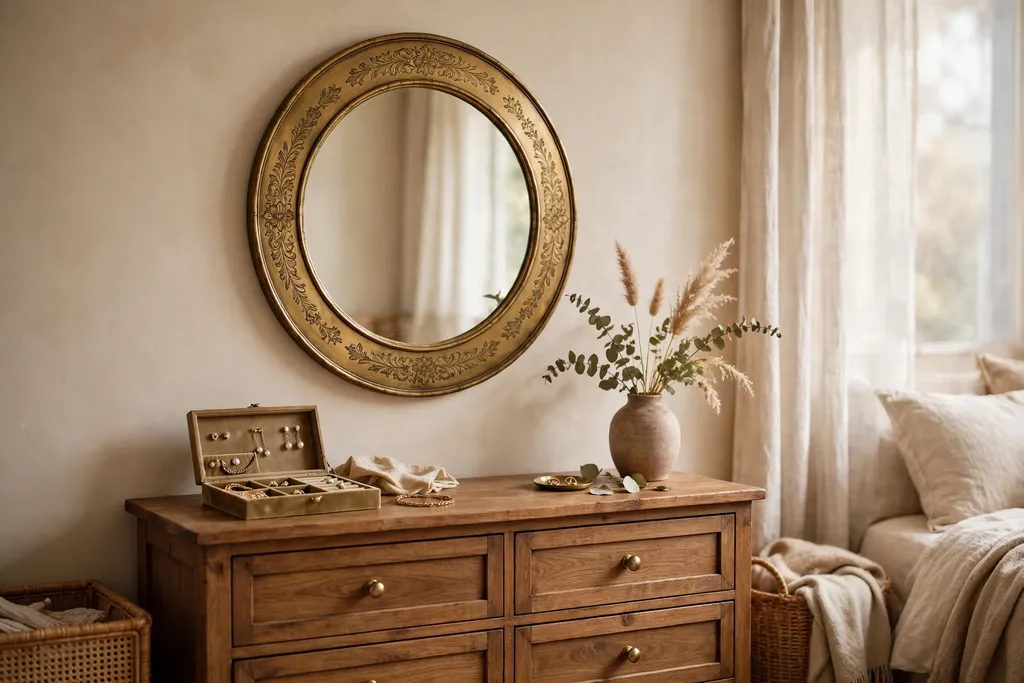 Round engraved brass mirror above a bedroom dresser