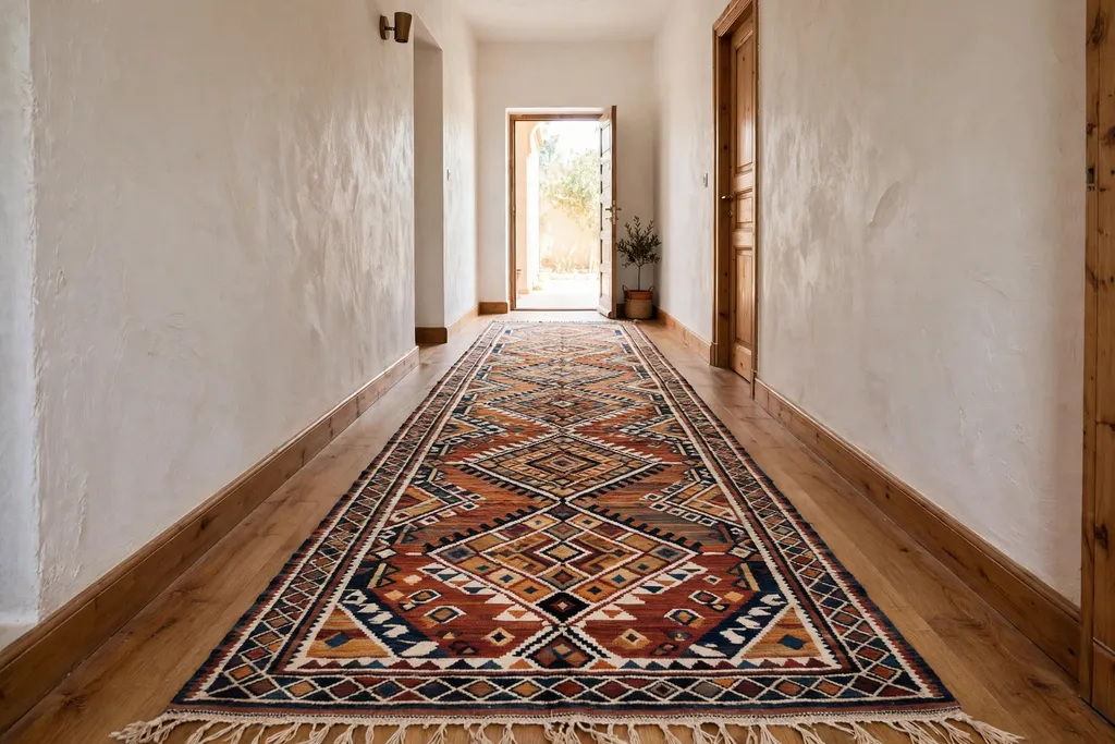 Long patterned Moroccan rug runner in a hallway