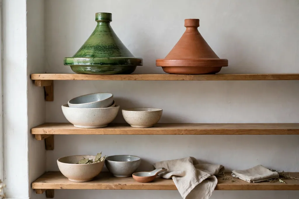 Clay tagines displayed on open kitchen shelves