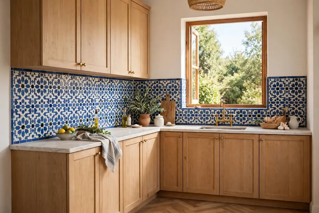 Kitchen backsplash in Moroccan star and cross tile pattern
