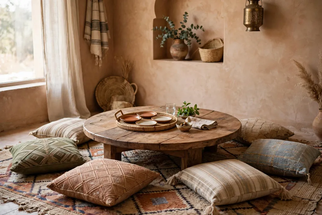 Low round dining table with floor cushions