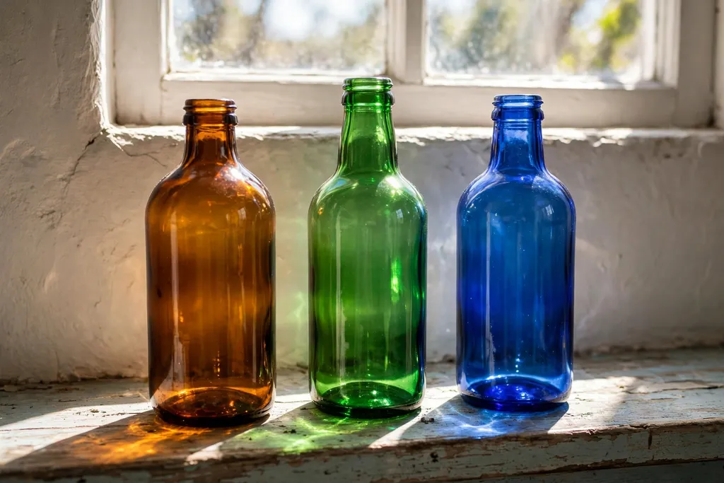 Colored glass bottles on a sunny windowsill