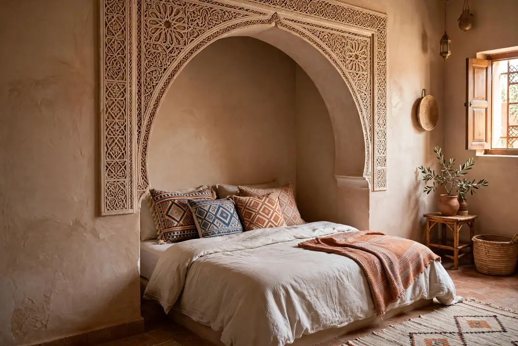 Bed inside a carved plaster arch nook