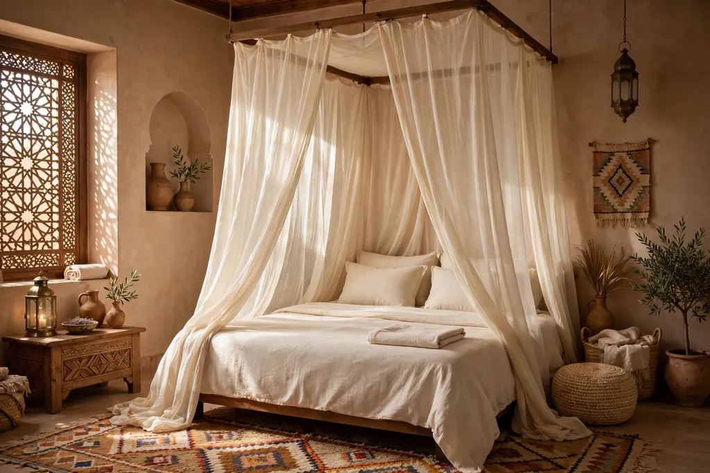 Bed with sheer cream canopy drapes