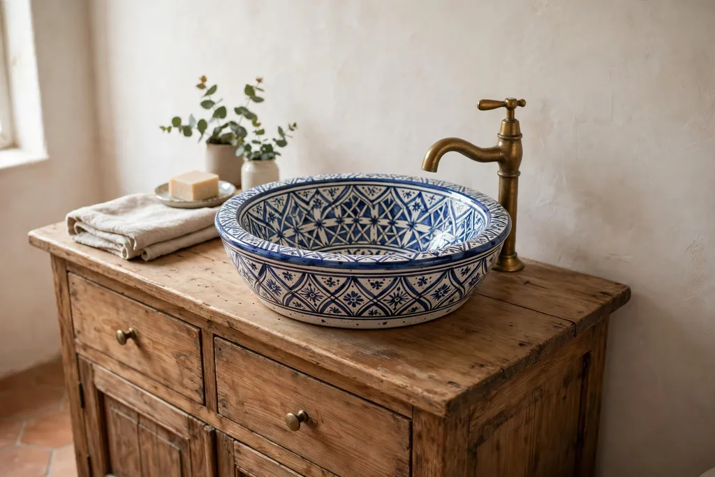 Hand painted ceramic basin on a wooden vanity