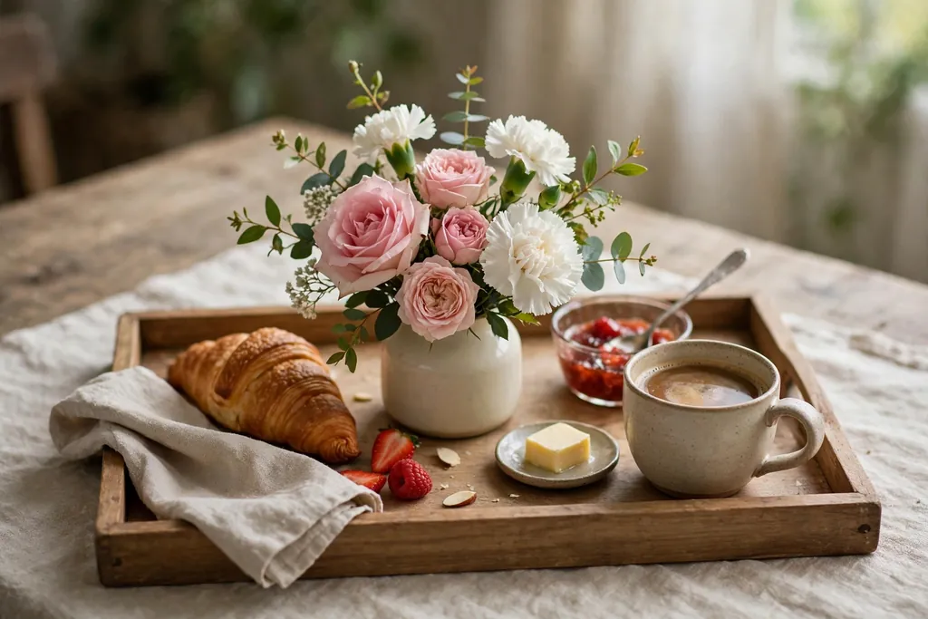 Small posy of roses and carnations in a short vase on a breakfast tray with coffee.
