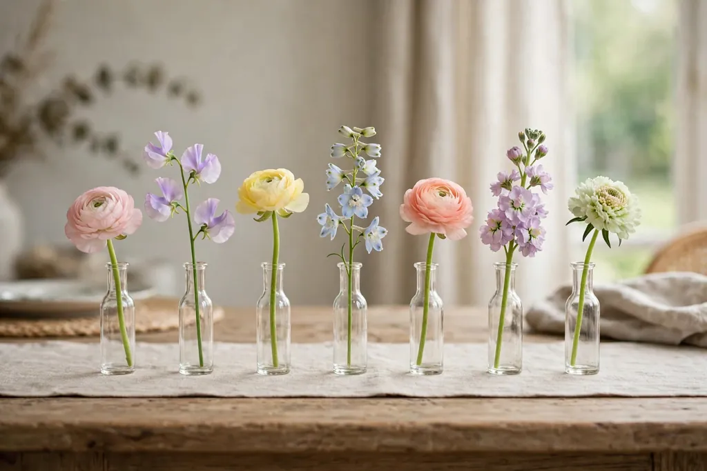 Row of small bud vases each holding a single pastel stem down a table.