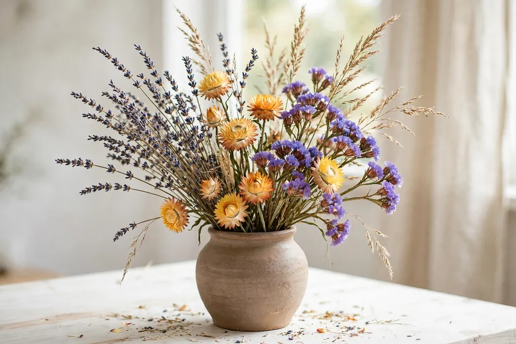 Vase of dried lavender, strawflower, statice, and grasses on a bright table.