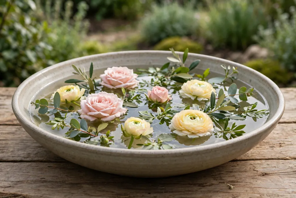 Wide shallow bowl of water with floating rose and ranunculus blooms and green leaves.