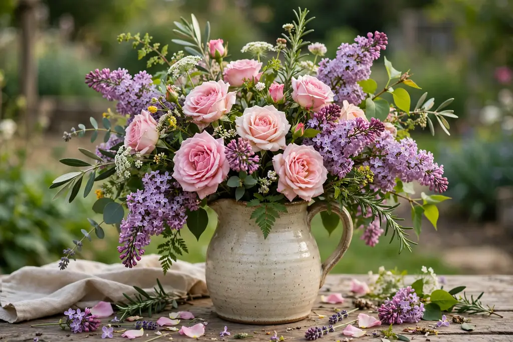 Loose garden bouquet of roses and lilacs in a ceramic pitcher.