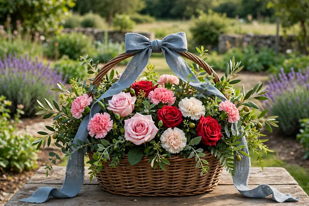 Basket of roses, carnations, and greenery with a ribbon bow on the handle.