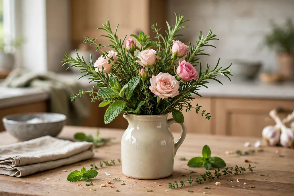 Small jug of rosemary, mint, and thyme mixed with roses on a kitchen counter.