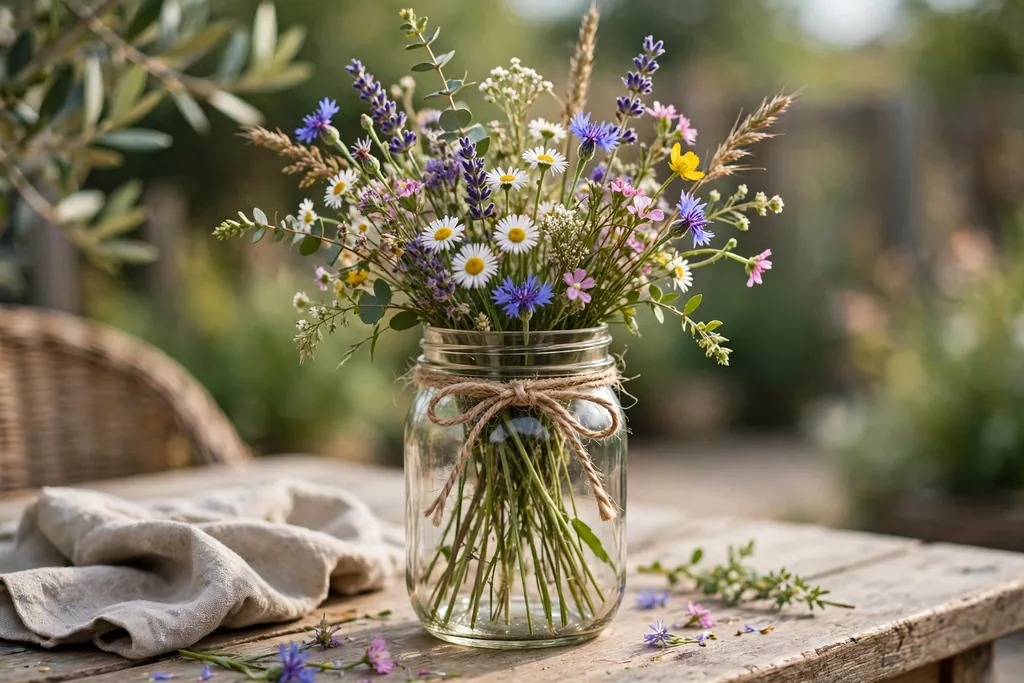 Mason jar of wildflowers with twine tied around the neck on a casual table.