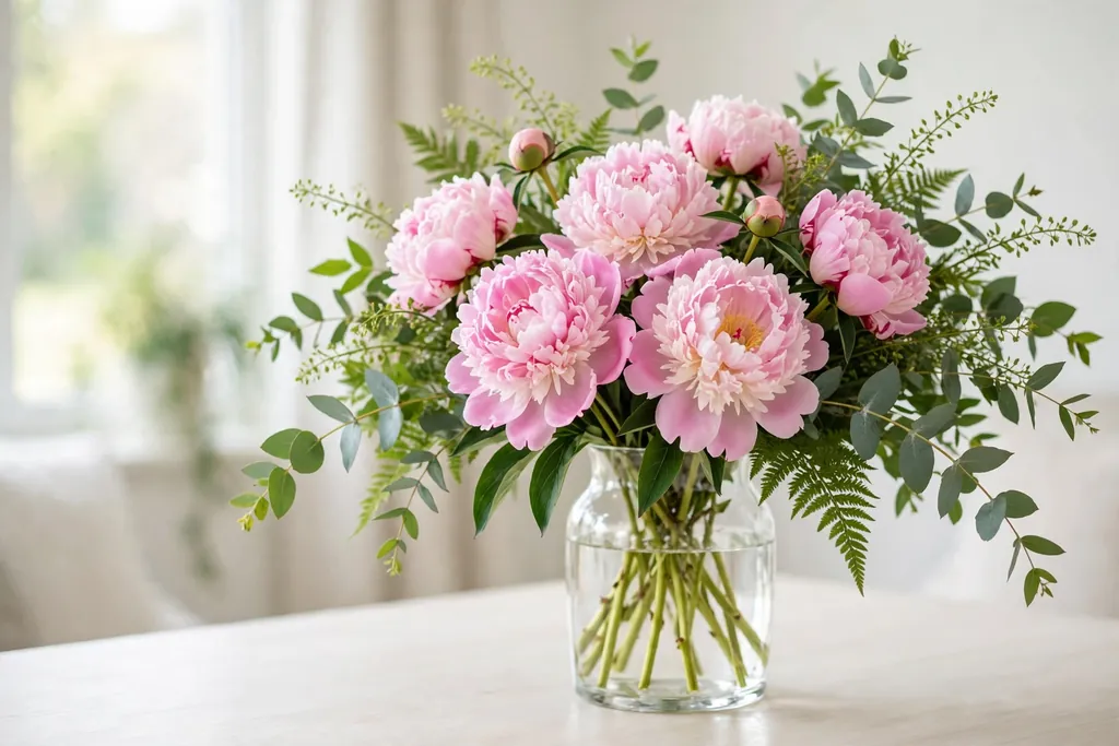 Pink peonies with greenery in a clear glass vase on a bright table.
